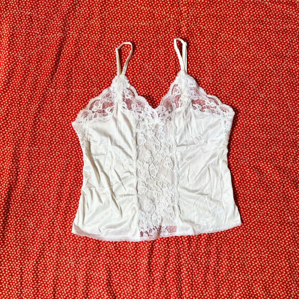 Vintage 70s White Lace Trim Cami Tank Top Coquette Twee Indie Camisole